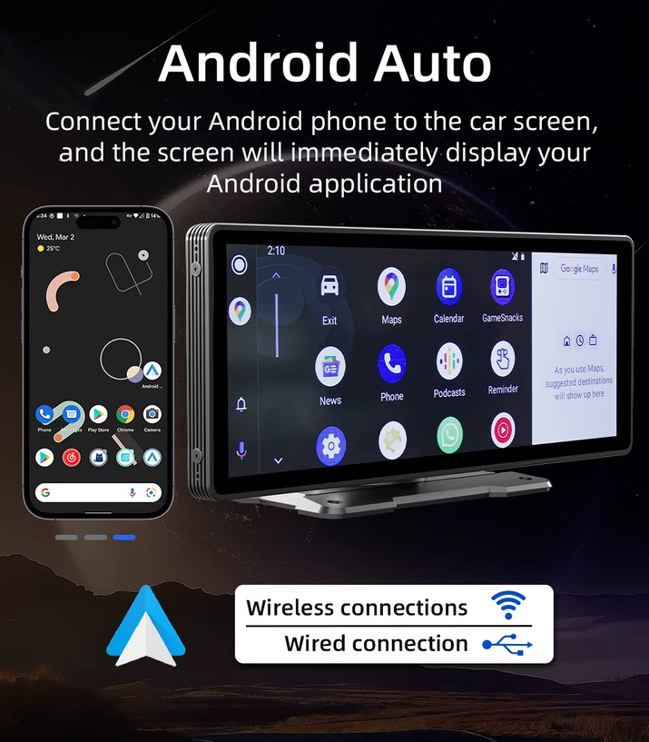 10.26 Inch Portable Wireless Carplay Screen HD Rear Reversing Camera Car Radio DVR MP5 Multimedia Video Player Android Auto