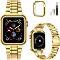Solid Stainless Steel Band Compatible with Apple Watch 44Mm 42Mm (Series 3/2/1), Metal Strap with Soft TPU Case for Iwatch Series 6 5 4 3 2 1 SE SE2 SE3 Women and Men, Gold