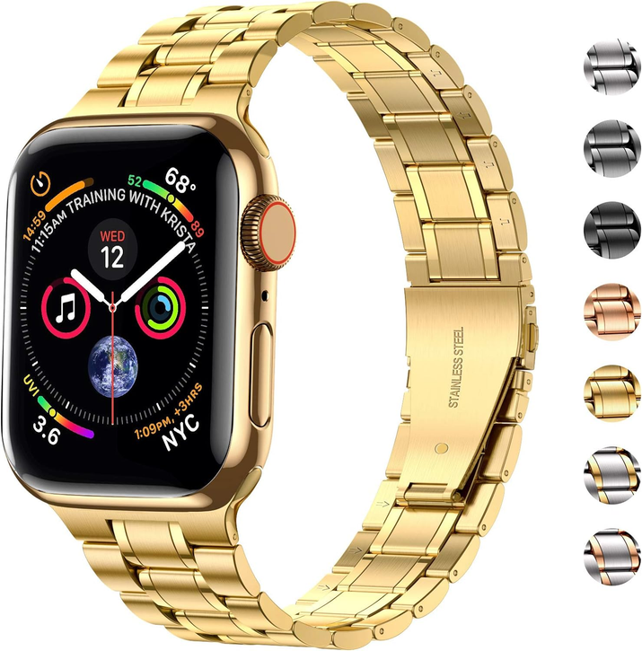 Solid Stainless Steel Band Compatible with Apple Watch 44Mm 42Mm (Series 3/2/1), Metal Strap with Soft TPU Case for Iwatch Series 6 5 4 3 2 1 SE SE2 SE3 Women and Men, Gold