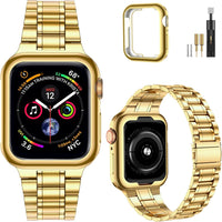 Solid Stainless Steel Band Compatible with Apple Watch 44Mm 42Mm (Series 3/2/1), Metal Strap with Soft TPU Case for Iwatch Series 6 5 4 3 2 1 SE SE2 SE3 Women and Men, Gold
