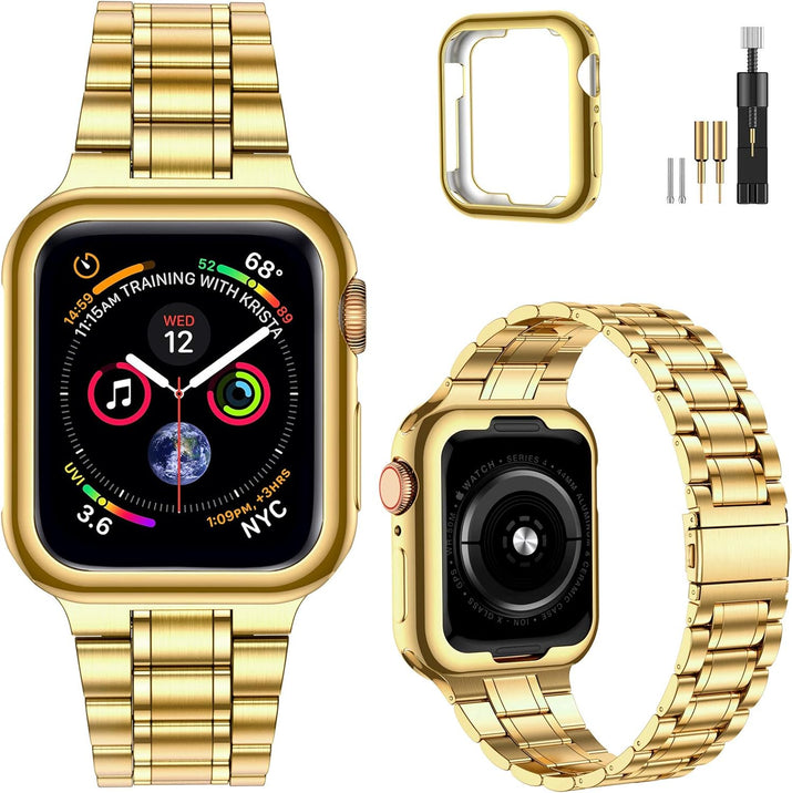 Solid Stainless Steel Band Compatible with Apple Watch 44Mm 42Mm (Series 3/2/1), Metal Strap with Soft TPU Case for Iwatch Series 6 5 4 3 2 1 SE SE2 SE3 Women and Men, Gold